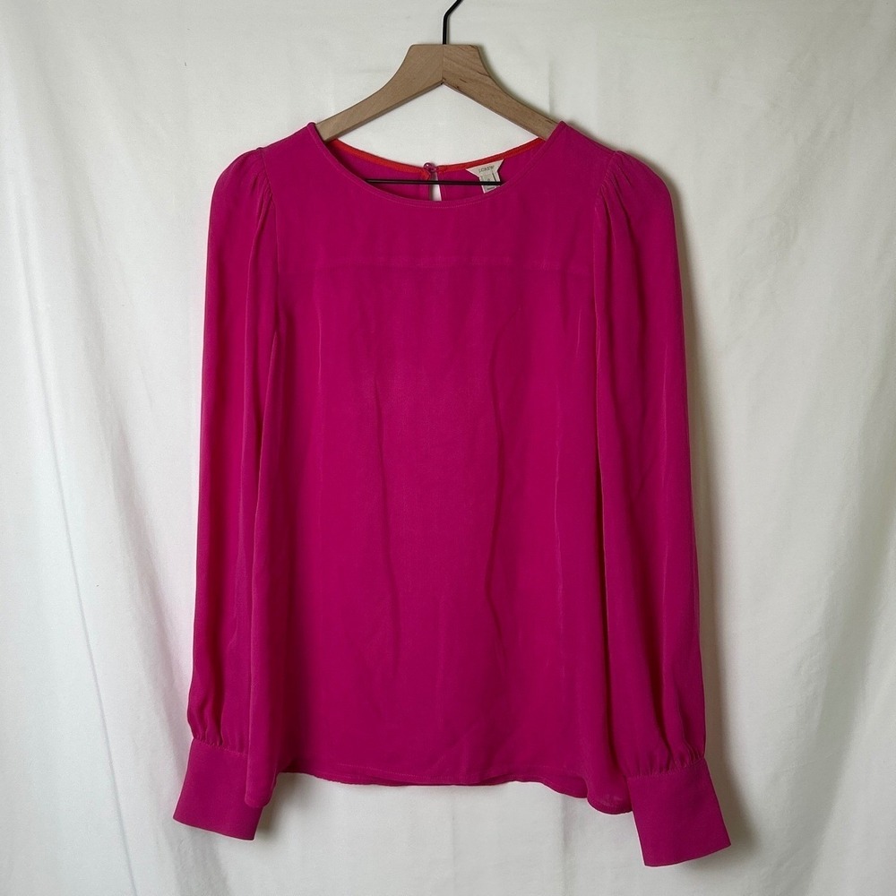 J.Crew Womens 100% Silk Long Sleeve Puff Shoulder Blouse Size 0 Magenta Pink